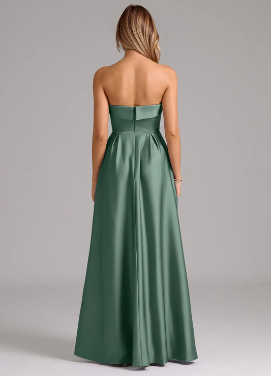 A-Line Strapless Satin Pleated Floor-Length Wedding Dress - Yihuiw by Yihuiw