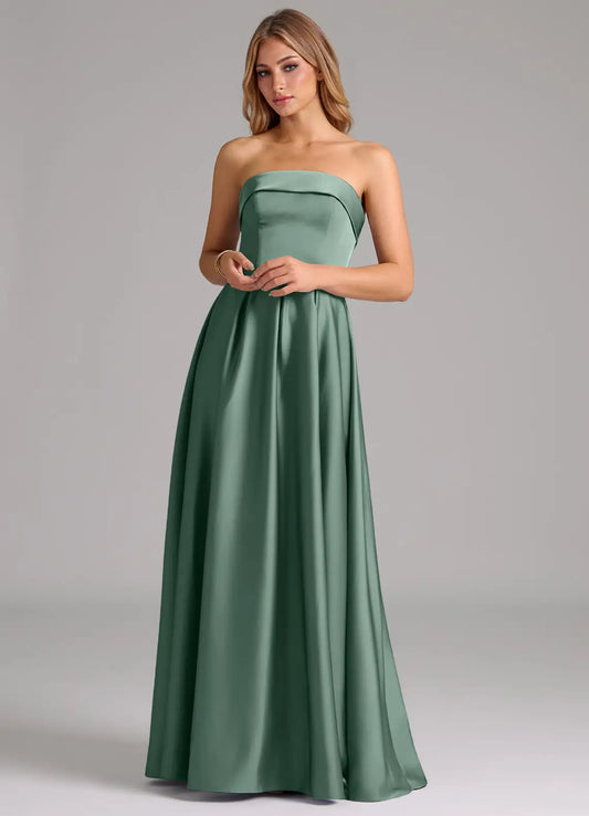 A-Line Strapless Satin Pleated Floor-Length Wedding Dress - Yihuiw by Yihuiw