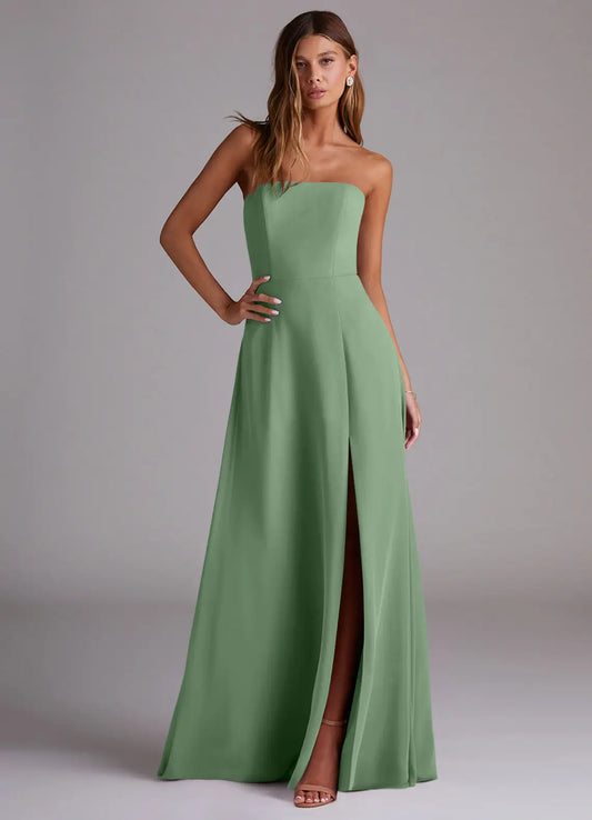 A-Line Strapless Chiffon High Slit Floor-Length Wedding Dress - Yihuiw by Yihuiw