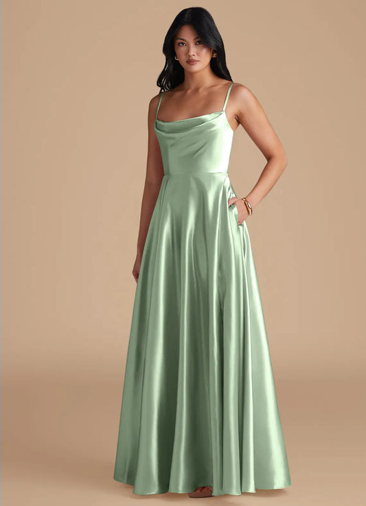 A-Line Spaghetti Strap Satin Floor-Length Wedding Dress - Yihuiw by Yihuiw