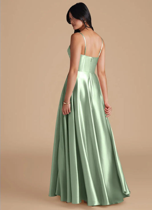 A-Line Spaghetti Strap Satin Floor-Length Wedding Dress - Yihuiw by Yihuiw