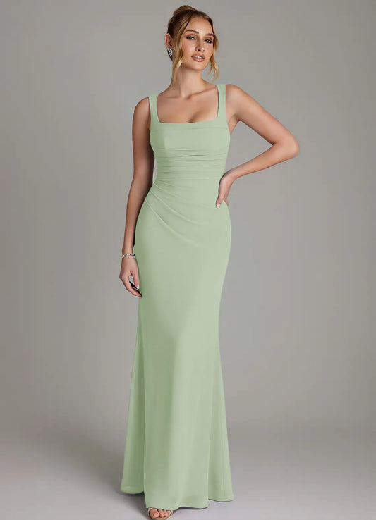 Mermaid Square Neck Chiffon Lace-Up Back Ruched Floor-Length Wedding Dress - Yihuiw by Yihuiw