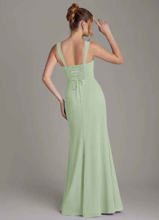 Mermaid Square Neck Chiffon Lace-Up Back Ruched Floor-Length Wedding Dress - Yihuiw by Yihuiw