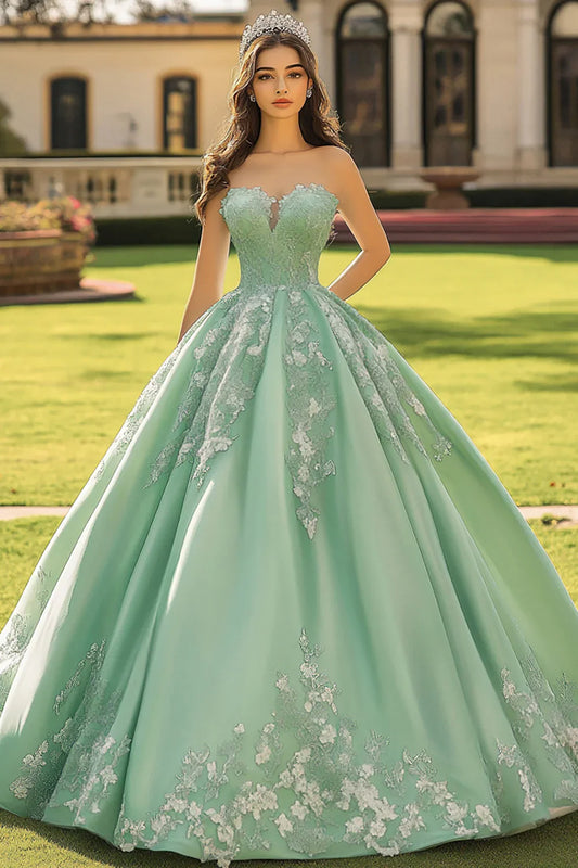 Mint Green Ball Gown Prom Dress with Strapless Sweetheart Neckline and Floral Lace Appliques