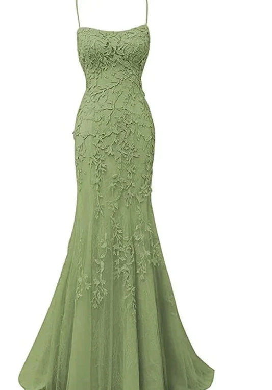 Sage Green Lace Appliques Long Prom Dress Mermaid Spaghetti Straps Evening Dresses simple gentle atmospheric and unique desi Bring summer colors to enhance whiteness by YiHuiw