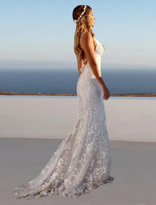 Mermaid Spaghetti Strap Lace Floor-Length Wedding Dress - Yihuiw by Yihuiw