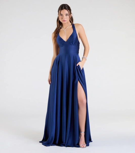 A-Line Halter Lace Lace-Up Back High Slit Floor-Length Wedding Dress - Yihuiw by Yihuiw