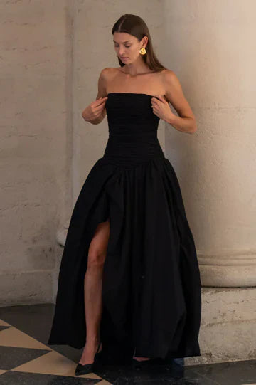 Black Strapless Satin Prom Dress with High Slit and A-Line Silhouette