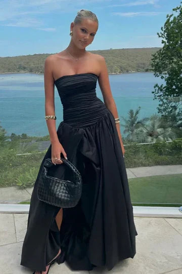 Black Strapless Satin Prom Dress with High Slit and A-Line Silhouette
