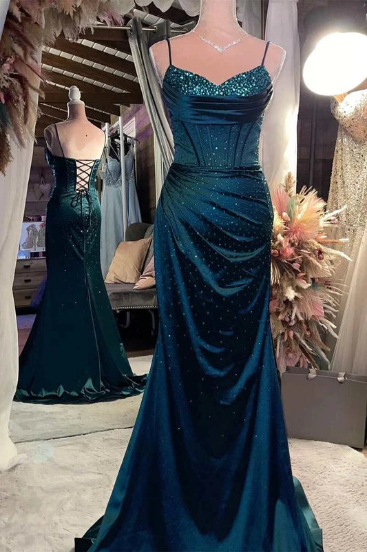 Satin Beaded V Neck Lace-Up Back Mermaid Long Formal Dress Maxi Event Dresses simple gentle atmospheric and unique desi Bring summer colors to enhance whiteness by YiHuiw