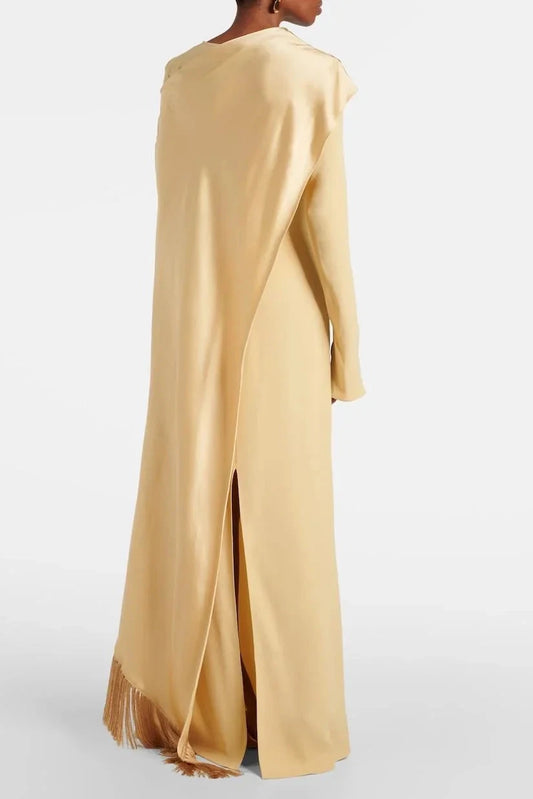 Satin Cape Sleeve Tassel Maxi Dress simple gentle atmospheric and unique desi Bring summer colors to enhance whiteness by YiHuiw