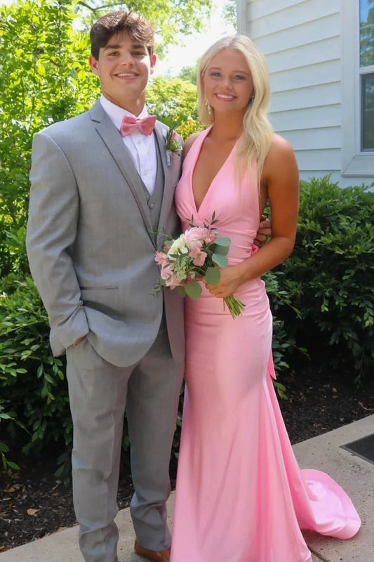 Satin Halter-Neck Deep V-Neck Open-Back Mermaid Train Prom Dress by JiMiss Dresses