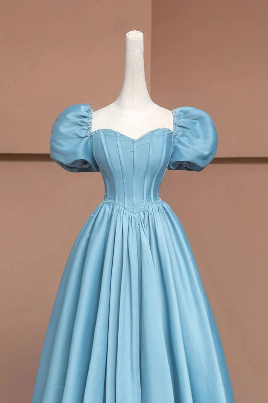 Satin Long A-Line Prom Dress with Pearls Cute Short Sleeve Evening Dress Simple Short Bridesmaid Dresses by YiHuiw