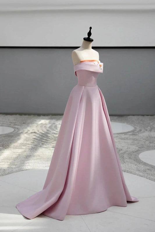 Satin Long A-line Prom Dress Pink Strapless Evening Party Dress simple gentle atmospheric and unique desi Bring summer by YiHuiw