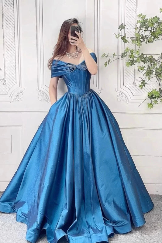 Satin Long Prom Dress with Corset Beautiful Off the Shoulder Evening Party Dress simple gentle atmospheric and unique desi Brin by YiHuiw