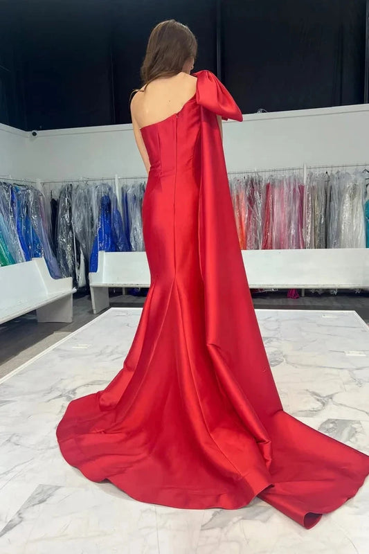 Satin One-Shoulder Oversized Bow Cape Train Mermaid Floor-Length Bold Red Evening Dress by YiHuiw