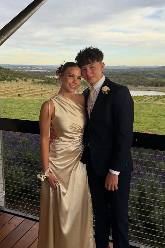 Satin One-Shoulder Prom Dresses with Ruched Waist, Back Cutout and Floor-Length Formal Gown by JiMiss Dresses