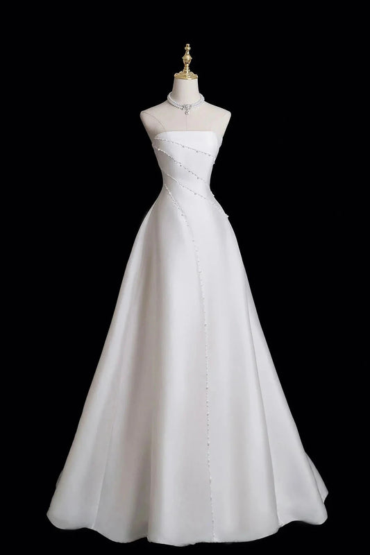 Satin Pearl Long A-Line Prom Dress White Evening Party Dress simple gentle atmospheric and unique desi Bring by YiHuiw