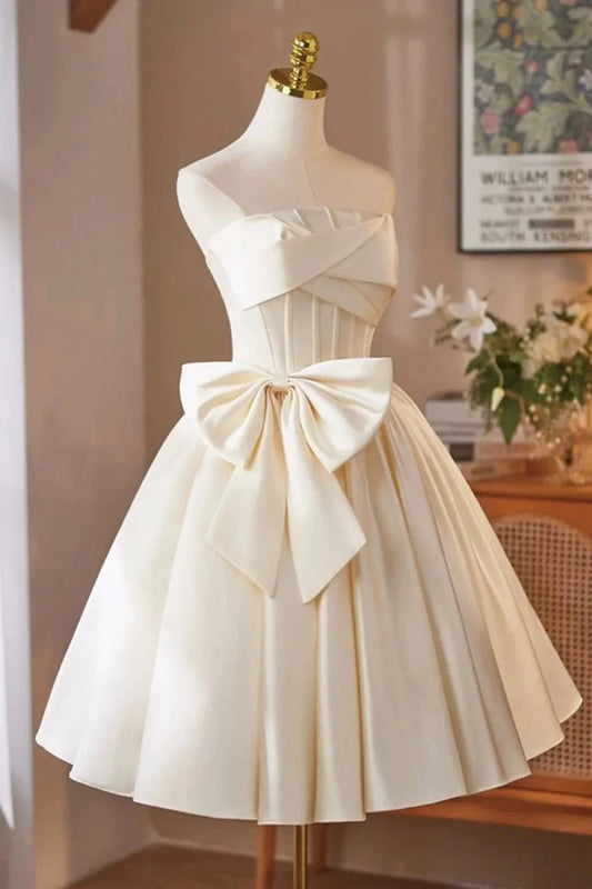 Satin Short Prom Dress A-Line Strapless Party Dress with Corset simple gentle atmospheric and unique desi Brin by YiHuiw