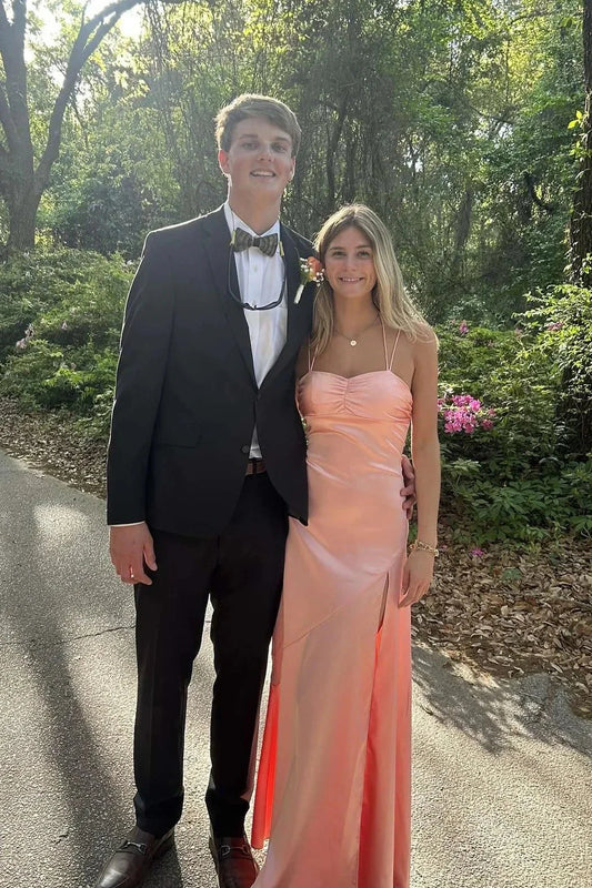 Satin Spaghetti-Strap Halter Sweetheart Crisscross Back High-Slit Sheath Floor-Length Prom Dress by JiMiss Dresses