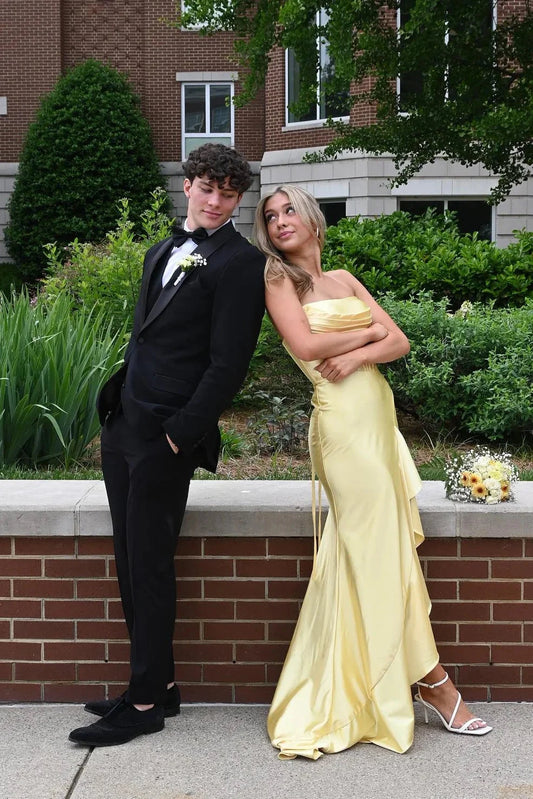 Satin Strapless Cowl Neck Asymmetric Ruffle High-Slit Mermaid Prom Dress by JiMiss Dresses