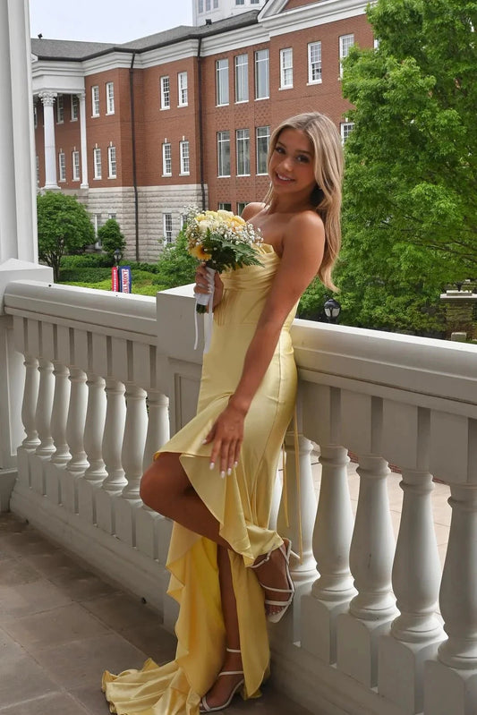 Satin Strapless Cowl Neck Asymmetric Ruffle High-Slit Mermaid Prom Dress by JiMiss Dresses