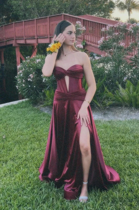 Satin Strapless Sweetheart Cutout Bodice Ruched High-Slit A-Line Train Prom Dress by JiMiss Dresses