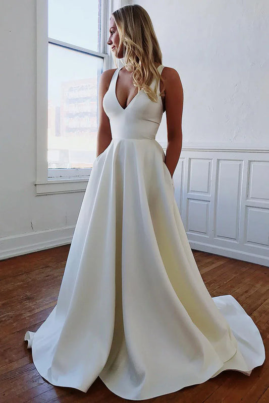 Satin V-Neck Wedding Dresses with Open Back Bow Detail, Side Pockets and Voluminous A-Line Skirt Bridal Dress