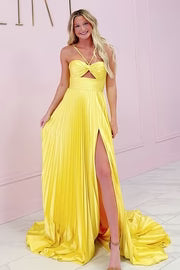Yellow Strapless Pleated Prom Dress with High Slit and Sweep Train