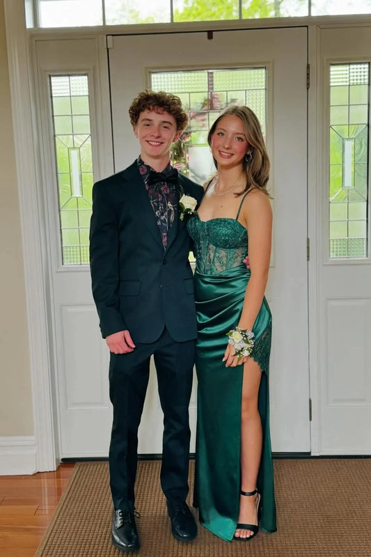Satin & Lace Spaghetti-Strap Sweetheart Corset Bodice High-Slit Sheath Floor-Length Prom Dress by JiMiss Dresses