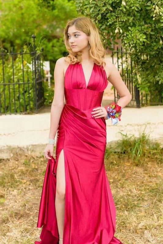 Scarlet Red Halter Neck Satin Prom Dress with Corset Bodice & Mermaid Hem by JiMiss Dresses