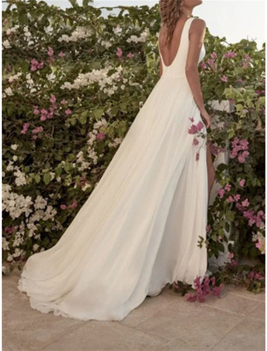 A-Line Chiffon Sleeveless High Slit Wedding Dress - Yihuiw by Yihuiw