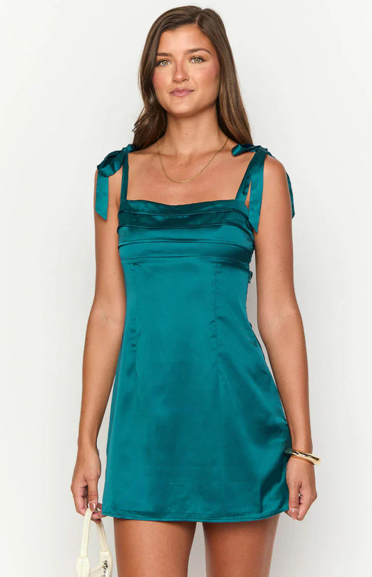 Square Neck Draped Bust A-Line Satin Mini Homecoming Dress with Tie Bow Straps and Open Back