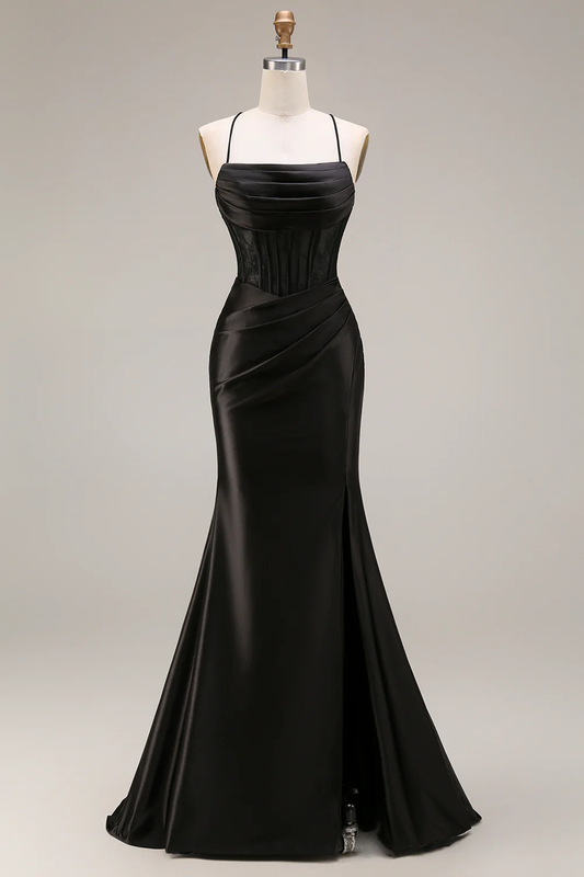 Seductive Spaghetti Strap Satin Evening Dress with Lace Corset Back, Ruched Waist and High Slit Mermaid Train