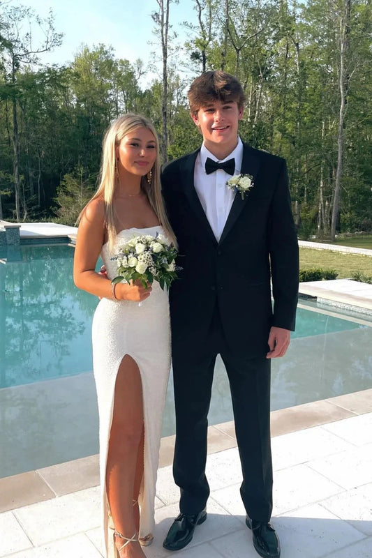 All-Over Sequin Strapless Sweetheart Structured Bodice Thigh-High Slit Sheath Floor-Length Prom Dress by JiMiss Dresses