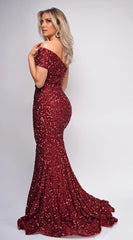 Sequined Burgundy Sequin Off-the-Shoulder Neck Mermaid Train Evening Dress