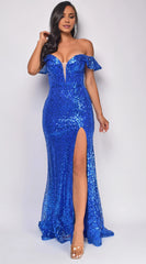 Sequined Mermaid Off-Shoulder Neck Plunging High-Slit Back Zip Floor-Length Evening Dress