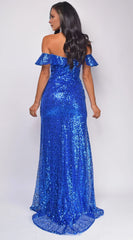 Sequined Mermaid Off-Shoulder Neck Plunging High-Slit Back Zip Floor-Length Evening Dress