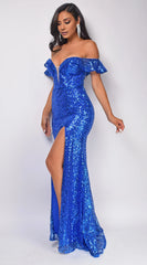 Sequined Mermaid Off-Shoulder Neck Plunging High-Slit Back Zip Floor-Length Evening Dress