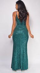 Sequined Mermaid One-Shoulder Neck Plunging Open-Back High-Slit Floor-Length Evening Dress