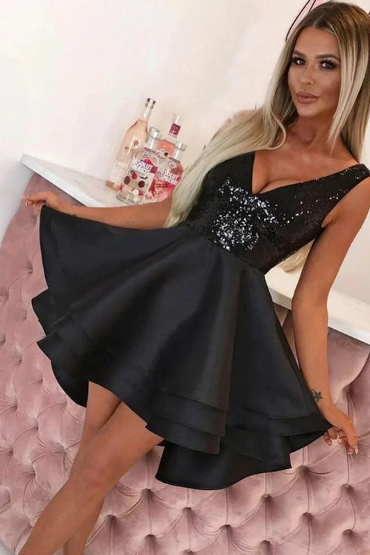 Black Satin Homecoming Dress with Sequin One-Shoulder Sleeve – Elegant Fit and Flare Cocktail Mini Dress