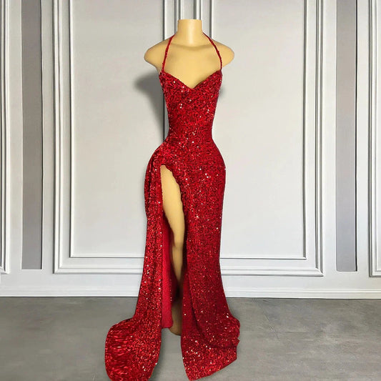 Sexy High Slit Halter Sleeveless Sparkly Red Sequined Long Prom Dresses for Black Girls simple gentle atmospheric and unique desi Bring summer colors to enhance whiten by YiHuiw