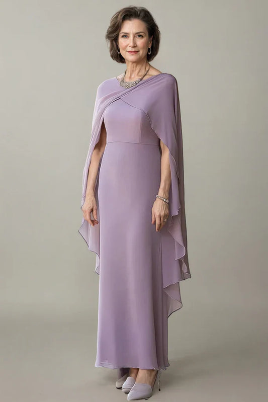 Dusty Lavender Mother of the Bride Dress with Cape Sleeves – Elegant Sheath Formal Evening Gown