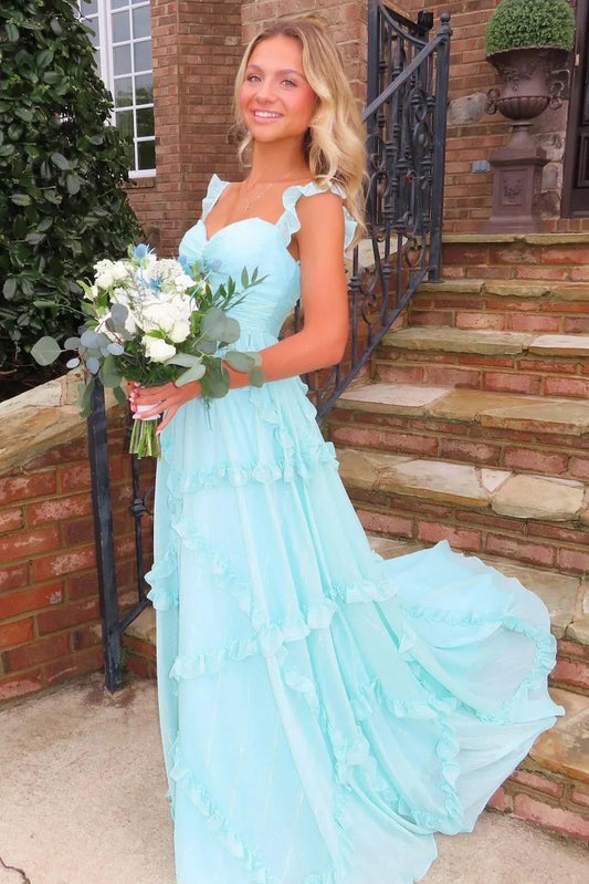 Sheer Chiffon Ruffled Spaghetti-Strap Sweetheart Cut-Out Tiered Floor-Length Mint Green Prom Dress by YiHuiw