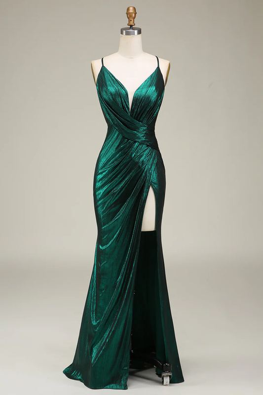 Robe de soirée longue sirène scintillante à décolleté en V profond, fines bretelles et dos nu croisé à nouer