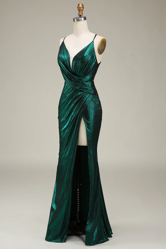 Robe de soirée longue sirène scintillante à décolleté en V profond, fines bretelles et dos nu croisé à nouer