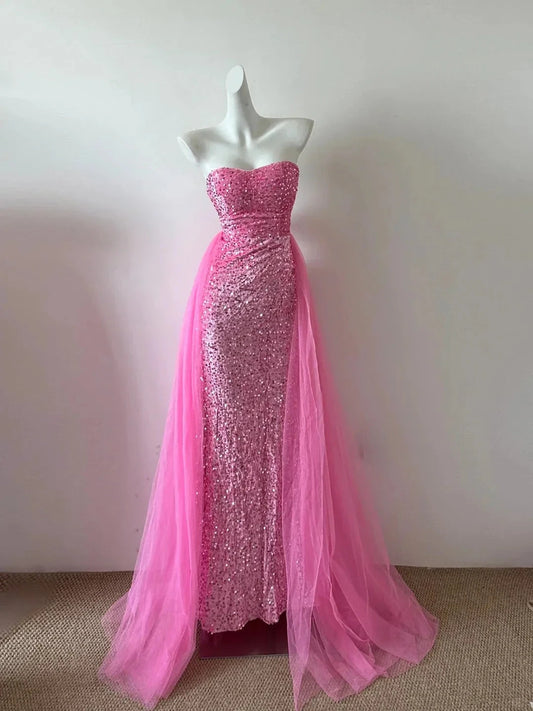 Shiny Fashion Elegant Long Floor Length Sequined Tulle Ball Gown Evening simple gentle atmospheric and unique desi Bring summer colors to enhance whiteness by YiHuiw