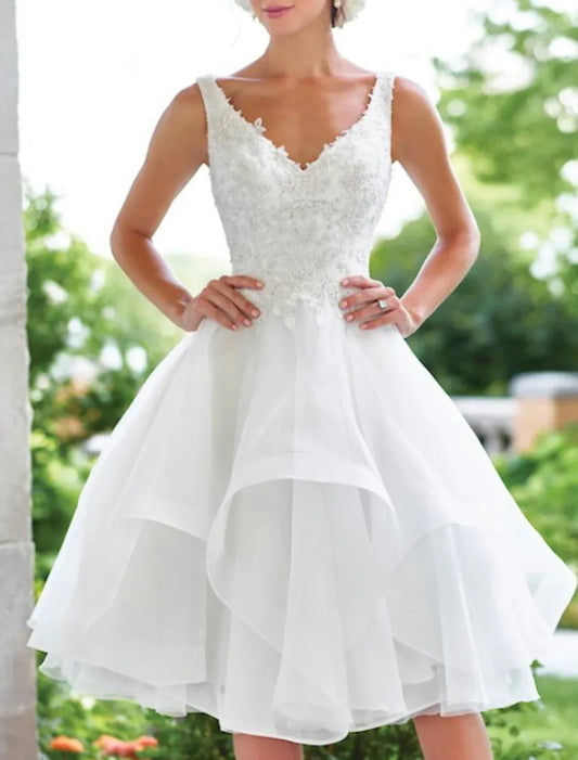 A-Line V-Neck Lace Short Sleeve Tiered Mini Wedding Dress - Yihuiw by Yihuiw