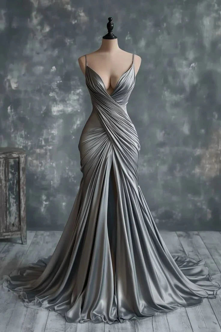 Silver gray satin dress with suspender, deep V-neck, crossed pleats, waist cinched, high slit, fishtail skirt by YiHuiw