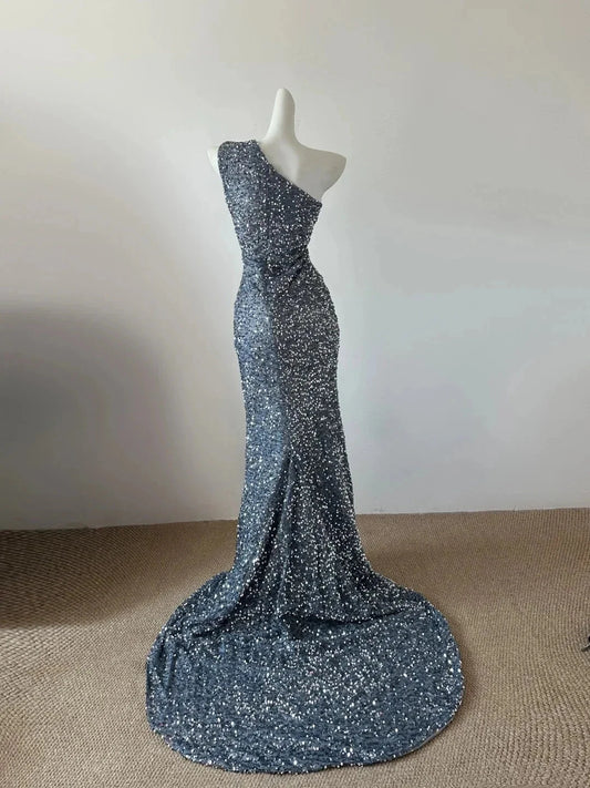 Silver grey one shoulder sequined fish tail long dress with unique hollow cut, suitable for formal dinners and parties by YiHuiw
